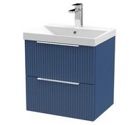 Hudson Reed DFF392D Fluted Modern Bathroom Wall Hung 2 Drawer Vanity Basin Unit with Thin-Edge Ceramic Basin, 500mm, Satin Blue