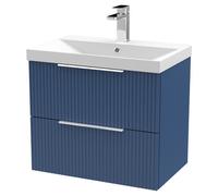 Hudson Reed Fluted Wall Hung 2 Drawer Vanity Unit and Thin Edge Ceramic Basin | Satin Blue | MDF | 600mm