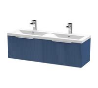Hudson Reed Fluted Wall Hung 2 Drawer Vanity Unit and Twin Ceramic Basins | Satin Blue | MDF | 1200mm