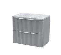Hudson Reed Fluted Wall Hung 2-Drawer Vanity Unit & Bellato Grey Laminate Worktop, Counter Top Vanity Unit In Satin Grey, 600mm