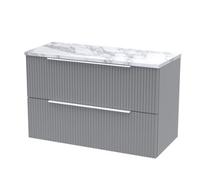 Hudson Reed Fluted Wall Hung 2 Drawer Vanity Unit with Matt Carrera Marble Laminate Worktop | Satin Grey | MFC | 800mm