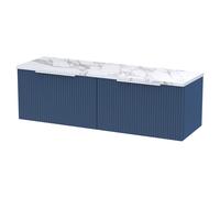 Hudson Reed DFF394LCM2 Fluted Modern Bathroom Wall Hung 2 Soft Close Drawer Vanity Unit and Carrera Marble Laminate Worktop, 1200mm, Satin Blue