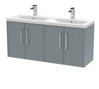 Hudson Reed Fluted Wall Hung 4-Door Vanity And Double Vitreous China Basin, Contemporary Sink Vanity Unit, Coastal Greymm