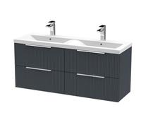 Hudson Reed Fluted Satin Soft Black Wall Hung 4 Drawer Vanity Unit with Double Ceramic Basin | Satin Anthracite | MDF | 1200mm