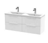 Hudson Reed Fluted Wall Hung 4 Drawer Vanity Unit with Double Ceramic Basin | Satin White | MDF | 1200mm