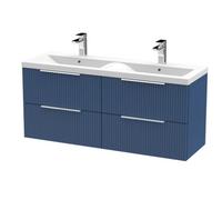 Hudson Reed Fluted Wall Hung 4-Drawer Vanity And Double Ceramic Basin, Premium Sink Vanity Unit, Satin Bluemm