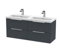 Hudson Reed Fluted Satin Wall Mounted 4 Drawer Vanity Unit and Twin Polymarble Basins | Soft Black | MDF | 1200mm