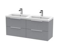 Hudson Reed Fluted Wall Mounted 4 Drawer Vanity Unit and Twin Polymarble Basins | Satin Grey | MDF | 1200mm
