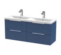 Hudson Reed Fluted Wall Hung 4-Drawer Vanity And Double Ceramic Basin, Premium Sink Vanity Unit, Satin Bluemm