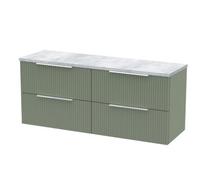 Hudson Reed DFF893LBG2 Fluted Modern Bathroom Wall Hung 4 Soft Close Drawer Vanity Unit and Bellato Grey Laminate Worktop, 1200mm, Satin Green