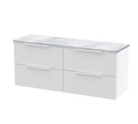 Hudson Reed Fluted Wall Hung 4-Drawer Vanity Unit & Bellato Grey Laminate Worktop, Counter Top Vanity Unit In Satin White, 1200mm