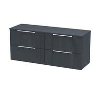 Hudson Reed DFF1493W2 Fluted Modern Bathroom Wall Hung 4 Drawer Double Vanity Unit with Colour Matched Worktop, 1200mm, Soft Black