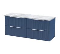 Hudson Reed Fluted Wall Hung 4 Drawer Vanity Unit with Bellato Grey Laminate Worktop | Satin Blue | MFC | 1200mm