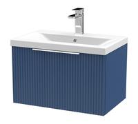 Hudson Reed Fluted Wall Hung Single Drawer Vanity Unit and Mid Edge Ceramic Basin | Satin Blue | MDF | 600mm