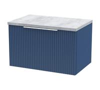 Hudson Reed Fluted Wall Hung 1-Drawer Vanity Unit & Bellato Grey Laminate Worktop, Counter Top Vanity Unit In Satin Blue, 600mm