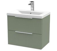 Hudson Reed Fluted Wall Mounted 2 Drawer Vanity Unit and Mid Edge Ceramic Basin | Satin Green | MDF | 600mm
