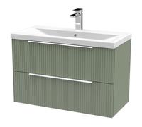 Hudson Reed Fluted Wall Mounted 2 Drawer Vanity Unit and Mid Edge Ceramic Basin | Satin Green | MDF | 800mm
