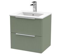 Hudson Reed Fluted Wall Mounted 2 Drawer Vanity Unit and Minimalist Ceramic Basin | Satin Green | MDF | 500mm