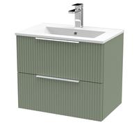 Hudson Reed Fluted Wall Mounted 2 Drawer Vanity Unit and Minimalist Ceramic Basin | Satin Green | MDF | 600mm