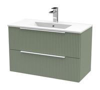 Hudson Reed Fluted Wall Mounted 2 Drawer Vanity Unit and Minimalist Ceramic Basin | Satin Green | MDF | 800mm