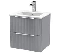 Hudson Reed Fluted Wall Mounted 2 Drawer Vanity Unit and Minimalist Ceramic Basin | Satin Grey | MDF | 500mm