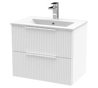 Hudson Reed Fluted Wall Hung 2-Drawer Vanity And Minimalist Basin, Contemporary Sink Vanity Unit, Satin White