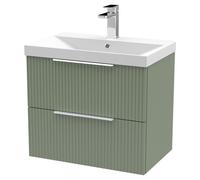 Hudson Reed Fluted Wall Mounted 2 Drawer Vanity Unit and Thin Edge Ceramic Basin | Satin Green | MDF | 600mm
