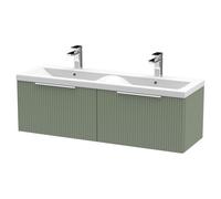 Hudson Reed Fluted Wall Mounted 2 Drawer Vanity Unit and Twin Ceramic Basins | Satin Green | MDF | 1200mm