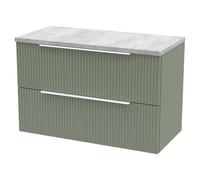 Hudson Reed Fluted Wall Hung 2-Drawer Vanity Unit & Bellato Grey Laminate Worktop, Counter Top Vanity Unit In Satin Green, 800mm