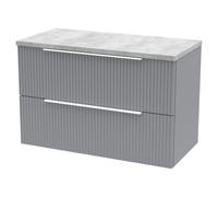 Hudson Reed DFF295LBG Fluted Modern Bathroom Wall Hung 2 Drawer Vanity Unit with Bellato Grey Laminate Worktop, 800mm, Satin Grey