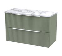 Hudson Reed Fluted Wall Hung 2 Drawer Vanity Unit with Matt Carrera Marble Laminate Worktop | Satin Green | MFC | 800mm
