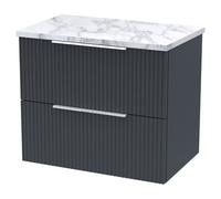 Hudson Reed DFF1493LCM Fluted Modern Bathroom Wall Hung 2 Soft Close Drawer Vanity Unit and Carrera Marble Laminate Worktop, 600mm, Soft Black