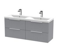 Hudson Reed Fluted Wall Mounted 4 Drawer Vanity Unit and Twin Ceramic Basins | Satin Grey | MDF | 1200mm