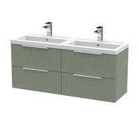 Hudson Reed Fluted Wall Mounted 4 Drawer Vanity Unit and Twin Polymarble Basins | Satin Green | MDF | 1200mm