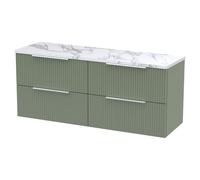 Hudson Reed Fluted Satin Wall Mounted 4 Drawer Vanity Unit with Carrera Marble Worktop | Green | MFC | 1200mm