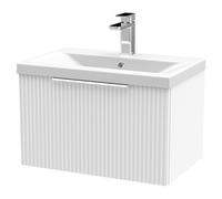 Hudson Reed Fluted Wall Mounted Single Drawer Vanity Unit and Mid Edge Ceramic Basin | Satin White | MDF | 600mm