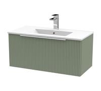 Hudson Reed Fluted Wall Hung 1-Drawer Vanity And Minimalist Basin, Contemporary Sink Vanity Unit, Satin Green