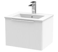 Hudson Reed DFF191B Fluted Modern Bathroom Wall Hung 1 Drawer Vanity Basin Unit with Minimalist Ceramic Basin, 500mm, Satin White