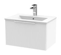 Hudson Reed Fluted Wall Hung 1-Drawer Vanity And Minimalist Basin, Contemporary Sink Vanity Unit, Satin White
