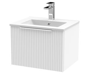 Hudson Reed Fluted Wall Mounted Single Drawer Vanity Unit and Minimalist Ceramic Basin | Satin White | MDF | 500mm