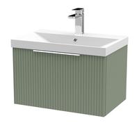 Hudson Reed Fluted Wall Mounted Single Drawer Vanity Unit and Thin Edge Ceramic Basin | Satin Green | MDF | 600mm