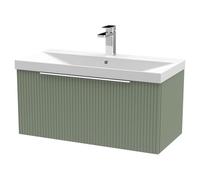Hudson Reed Fluted Wall Hung 1-Drawer Vanity And Thin-Edge Basin, Contemporary Sink Vanity Unit, Satin Green