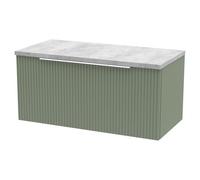Hudson Reed Fluted Wall Mounted Single Drawer Vanity Unit with Bellato Grey Worktop | Satin Green | MDF | 800mm