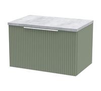 Hudson Reed Fluted Wall Mounted Single Drawer Vanity Unit with Bellato Grey Worktop | Satin Green | MDF | 600mm