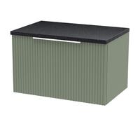 Hudson Reed Fluted Wall Mounted Single Drawer Vanity Unit with Black Sparkle Worktop | Satin Green | MDF | 600mm
