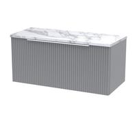 Hudson Reed DFF296LCM Fluted Modern Bathroom Wall Hung Single Soft Close Drawer Vanity Unit and Carrera Marble Laminate Worktop, 800mm, Satin Grey