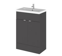 Hudson Reed Fusion Floor Standing 2 Door Vanity Unit & Ceramic Basin, Stylish Sink Vanity Unit, Gloss Grey, 600mm