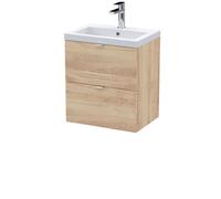 Hudson Reed CBI3041 Fusion Modern Bathroom Wall Hung 2 Soft Close Drawer Vanity Unit and Polymarble Basin, 500mm, Bleached Oak