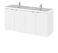Hudson Reed Fusion Wall Hung 4 Door Vanity Unit & Twin Polymarble Basin, Stylish Vanity Unit With Basin, Gloss White, 1200mm