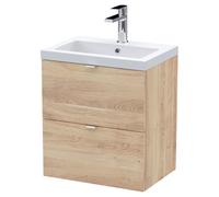 Hudson Reed CBI3041 Fusion Modern Bathroom Wall Hung 2 Soft Close Drawer Vanity Unit and Polymarble Basin, 500mm, Bleached Oak